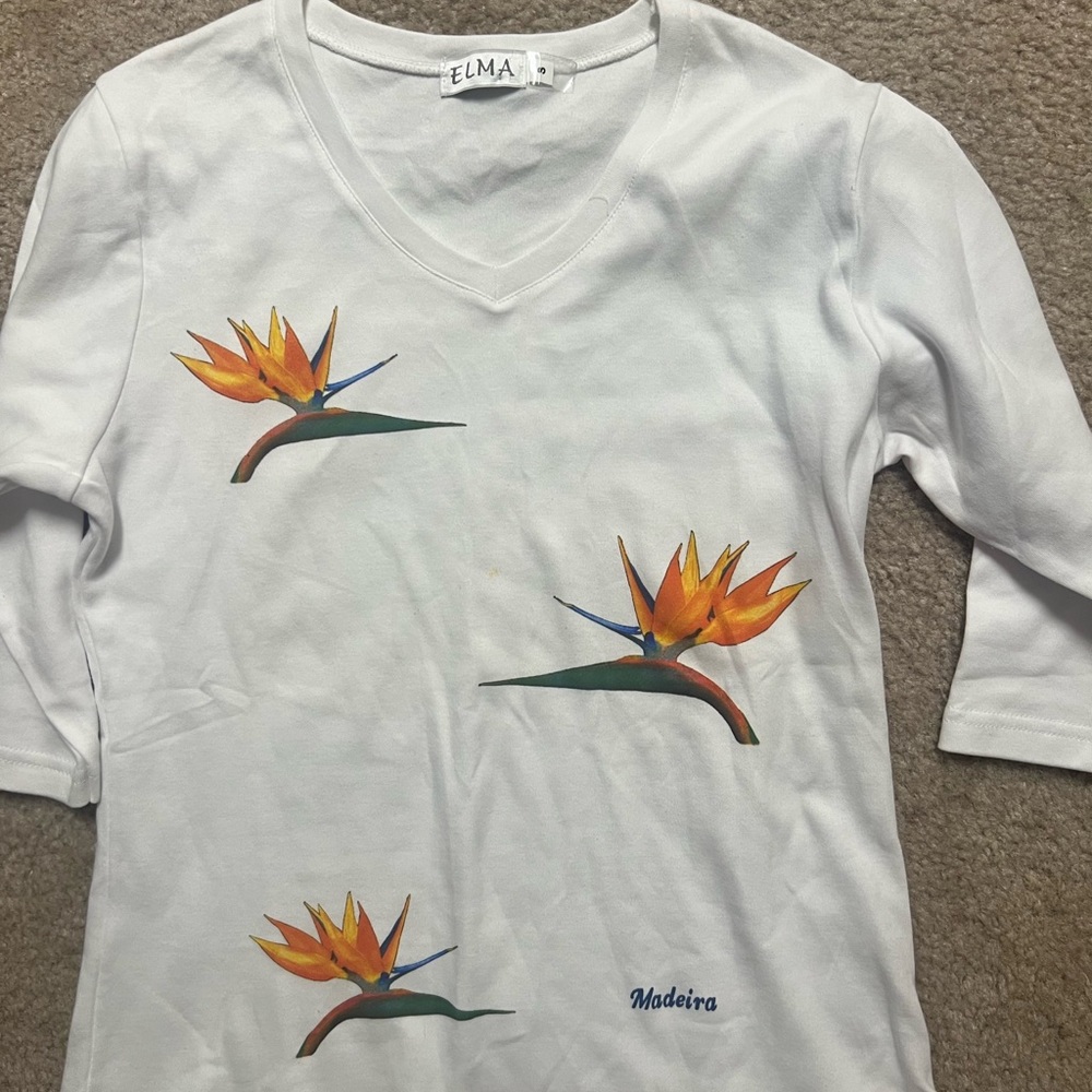 Elma Madeira three quarter length birds of paradise white women’s shirt